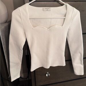 Babaton Cream Ribbed Sweetheart-Neck Long Sleeve Top